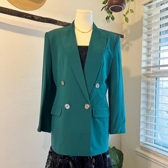 Vintage Hugo Buscati Silk Emerald Green Double Button Silk Blazer Jacket Size S - Picture 3 of 11